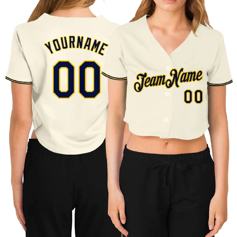 Exclusive Access Custom Women's Cream Navy-Gold V-Neck Cropped Baseball Jersey