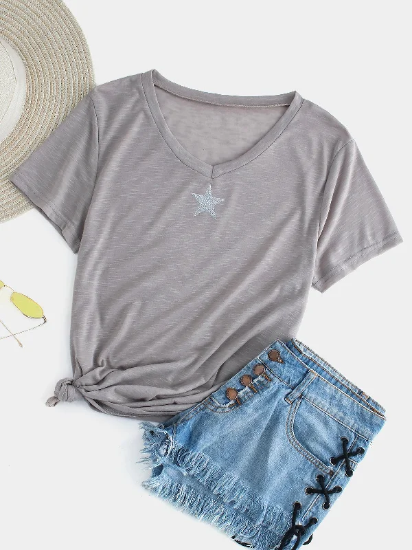Massive Savings Wholesale V-Neck Star Short Sleeve Gray T-Shirts