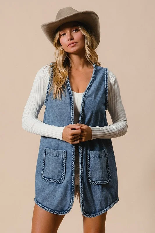 Exclusive Deal BiBi Braided Trim Open Front Denim Vest with Pockets