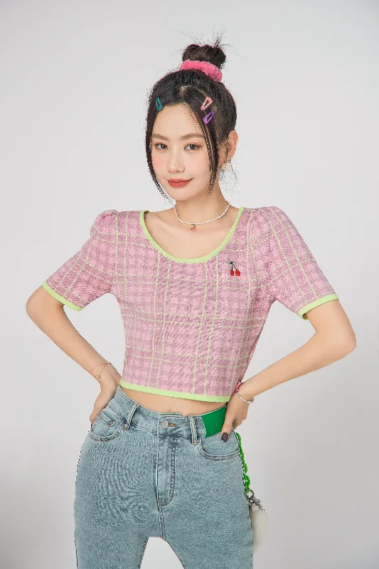 Sale Event Check Puff Sleeve Knit Top