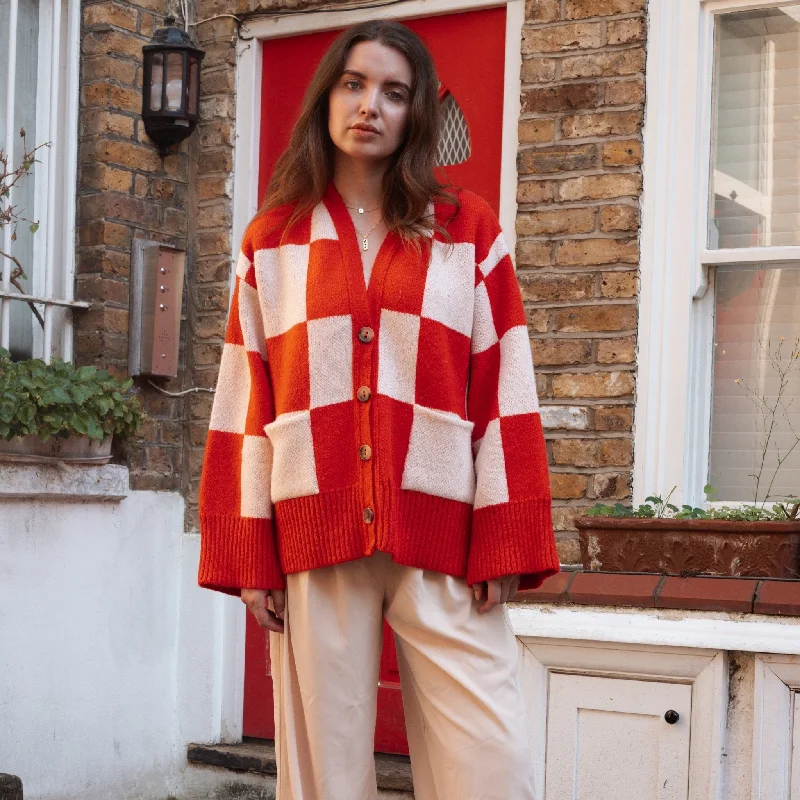 Weekend Bargains to Sizzle Candice Checked Wide Sleeve Cardigan - Red & White