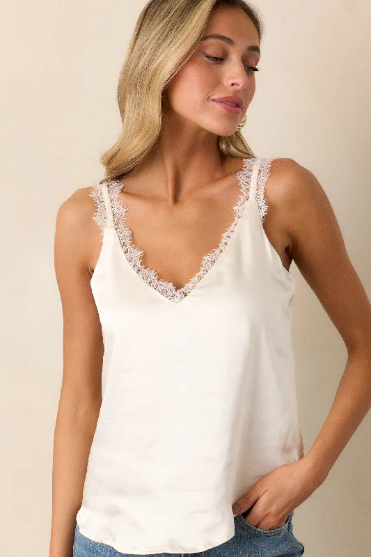 Weekend Savings Galore No Turning Back Ivory Satin Lace Trim Tank Top