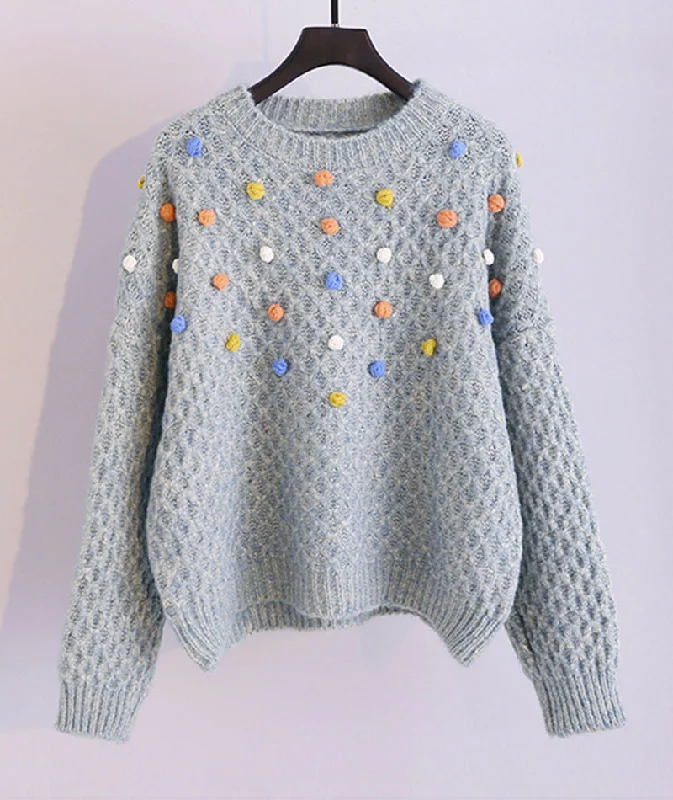 Lowest Prices Colorful pom poms embellished round neck chunky sweater  062