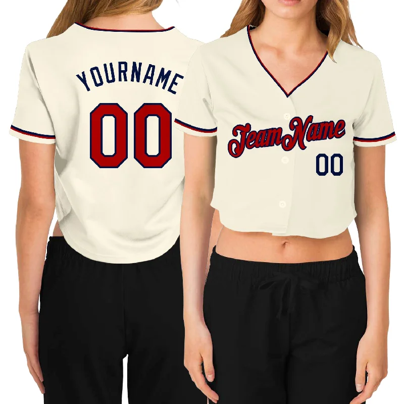 Online Exclusive Custom Women's Cream Red-Navy V-Neck Cropped Baseball Jersey