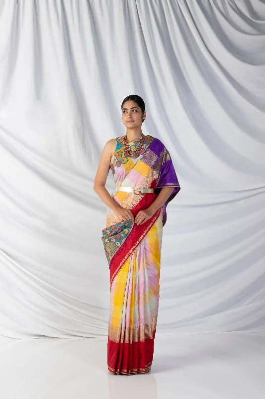 Low Price Earthy yellow, pink and grey Anchu Saree and Blouse