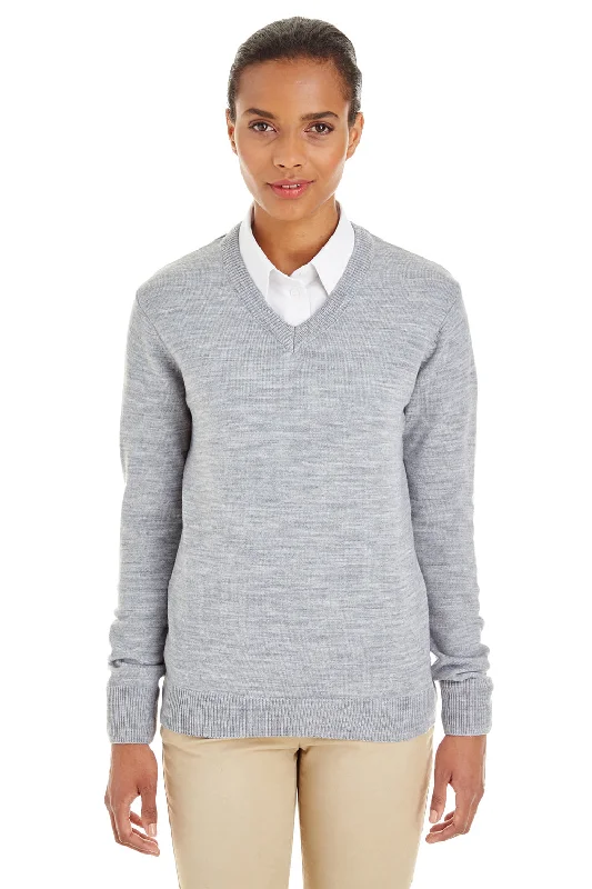 Harriton Womens Pilbloc Pill Resistant V-Neck Long Sleeve Sweater - Heather Grey