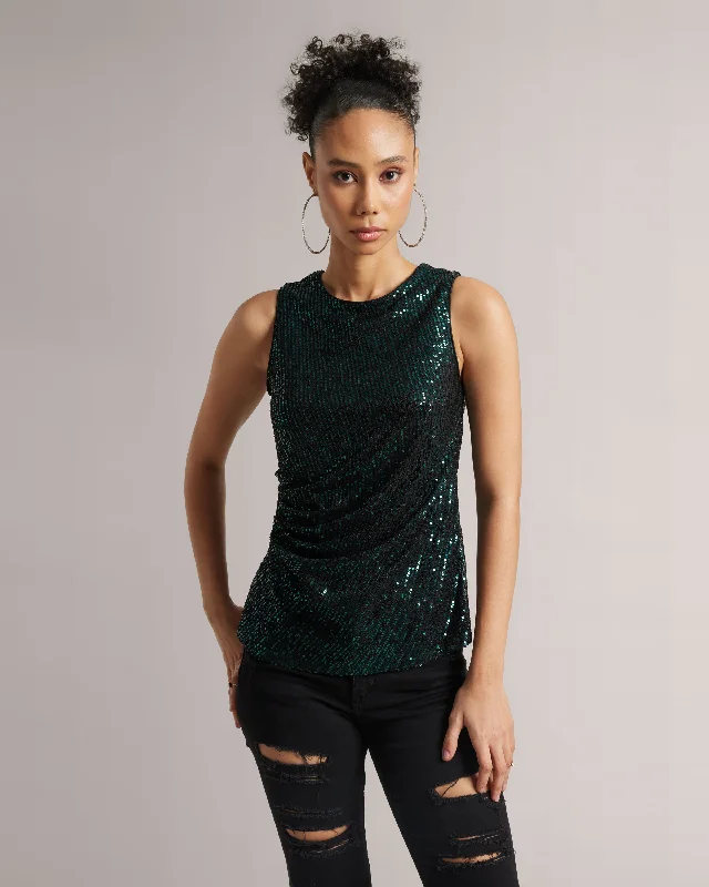 Weekend Shopping Bliss Teal Green Sequin Ruched Top