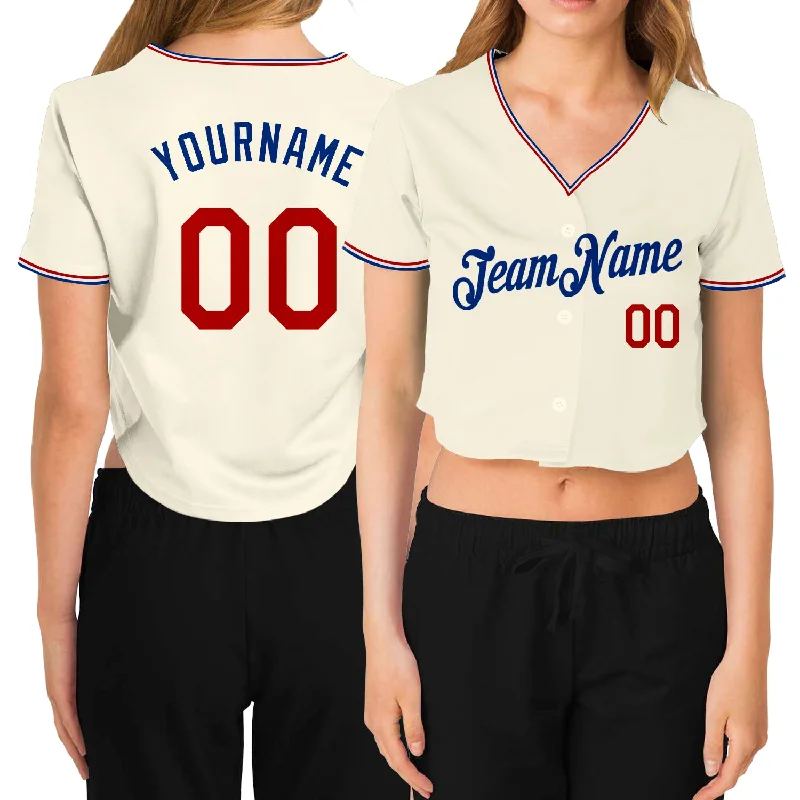 Limited Stock Custom Women's Cream Red-Royal V-Neck Cropped Baseball Jersey