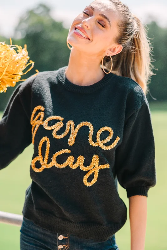 Price Rollback It's Game Day Black/Gold Puff Sleeve Sweater