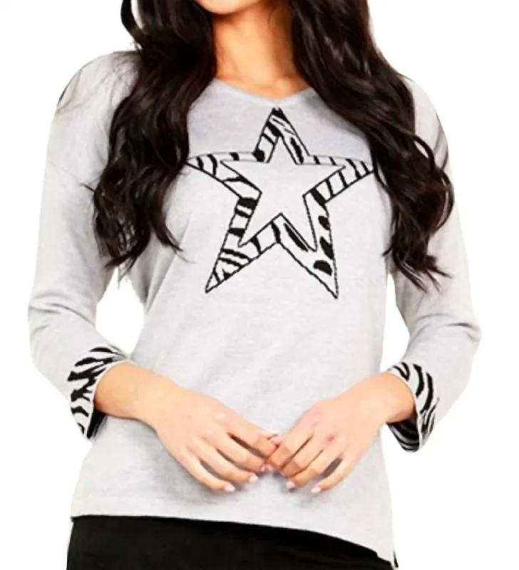 Your Weekend, Your Savings 3/4 Star Sleeve V-Neck Sweater In Silver