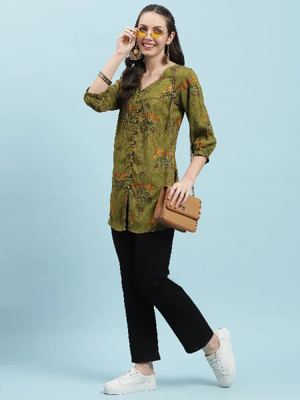 Fantastic Deals Women Olive Ornamental Printed Tunic