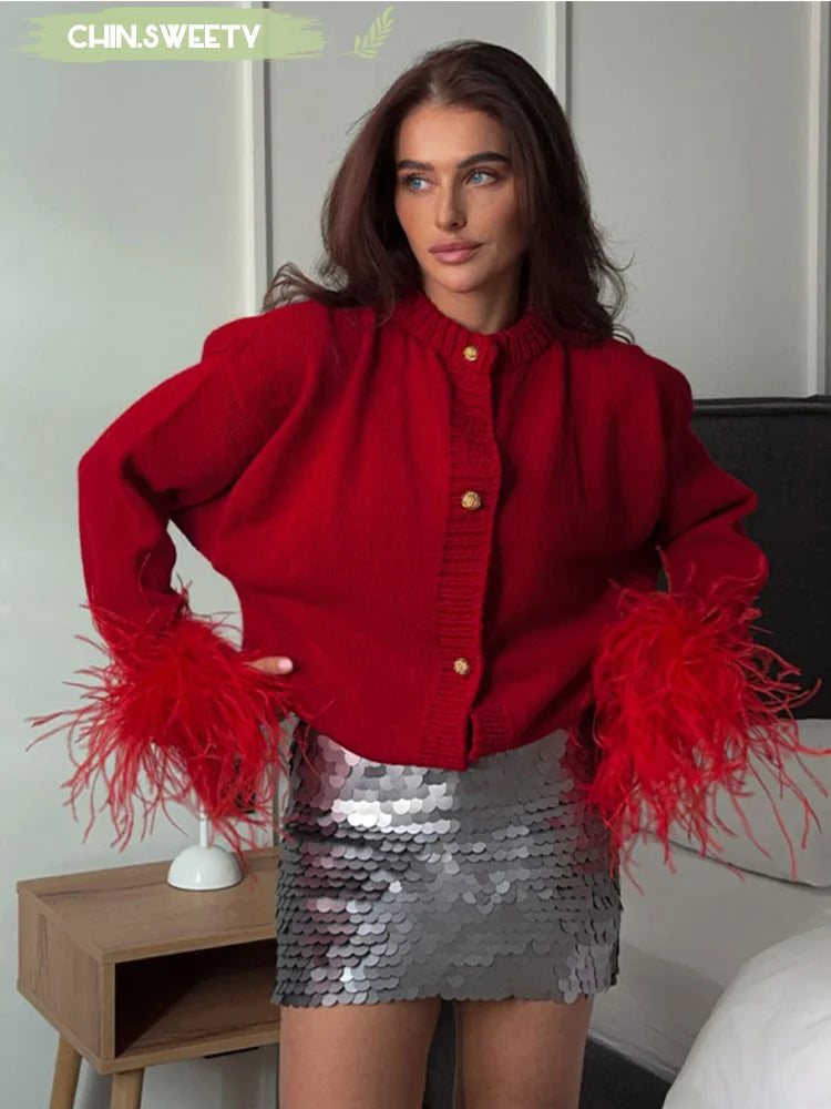 Anniversary Sale Red Patchwork Feather Long Sleeve O Neck Slim Thick Sweater Cardigan