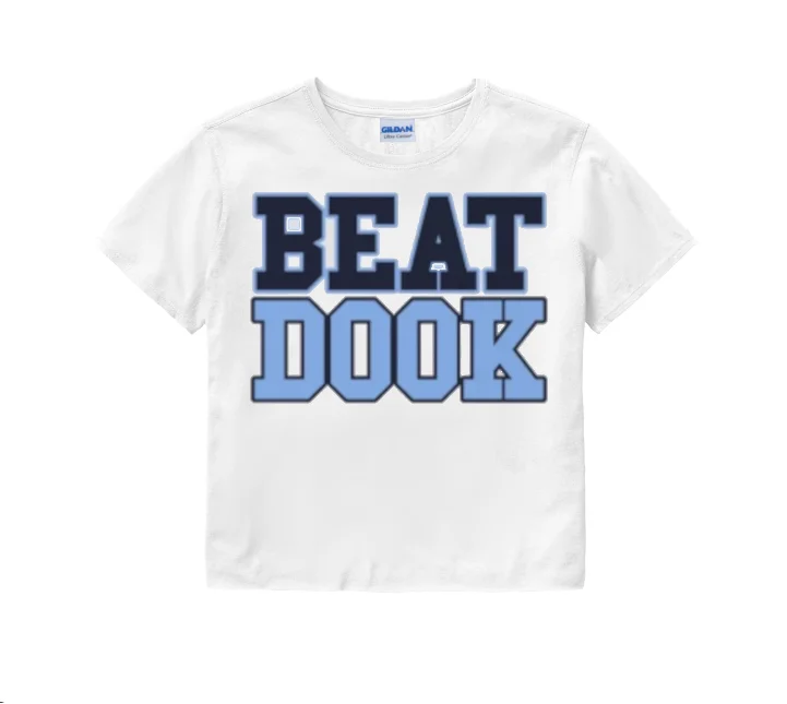 Buy More, Save More Beat Dook Crop Top in White with Carolina Blue Letters