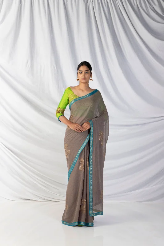 Unmissable Sale Tara Saree And Blouse Set In  Fossil Grey And Chartreuse Green