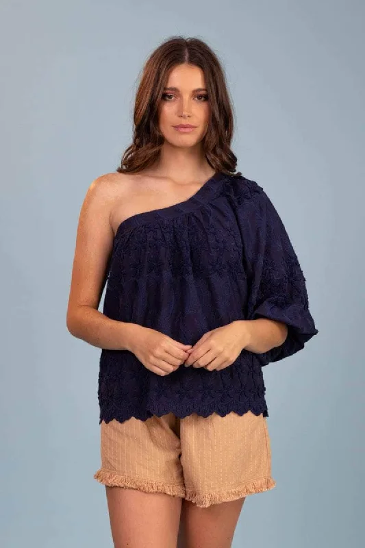 Epic Deals Fern One Sided Embroidered Top Navy