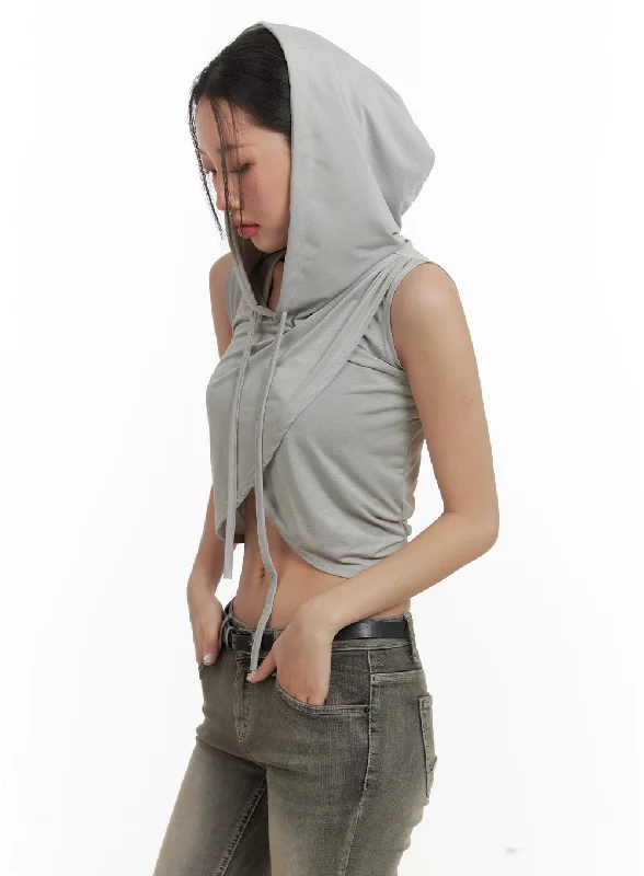 Price Reduction Unbalanced Wrap Sleeveless Cropped Hoodie CA416