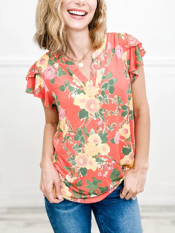 Super Sale Floral Sleeveless Ruffle V-Neckline Top