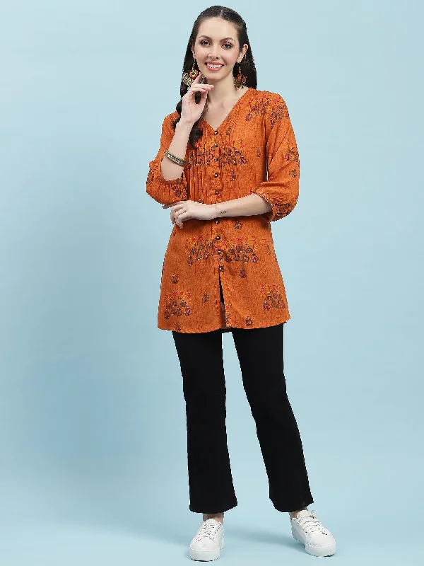 YEAR-End Clearance Women Rust Ornamental Printed Tunic