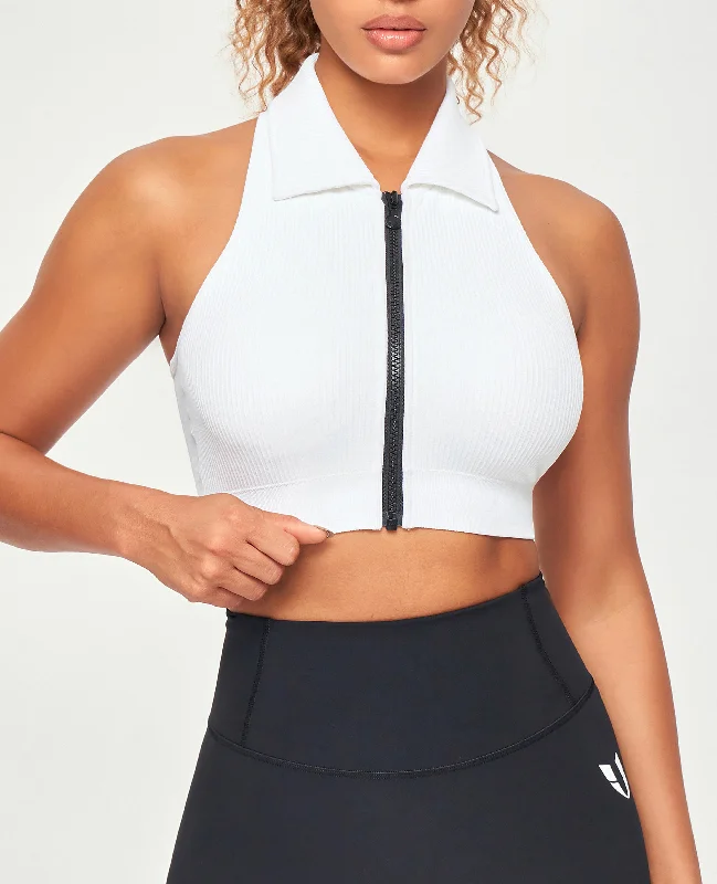 Weekend Savings Delight Ribbed Full Zip Padded Tank Top - White
