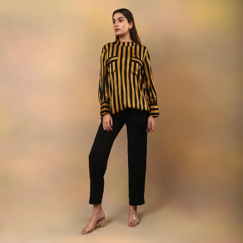 Seasonal Clearance Mustard Striped Print Round Neck Top