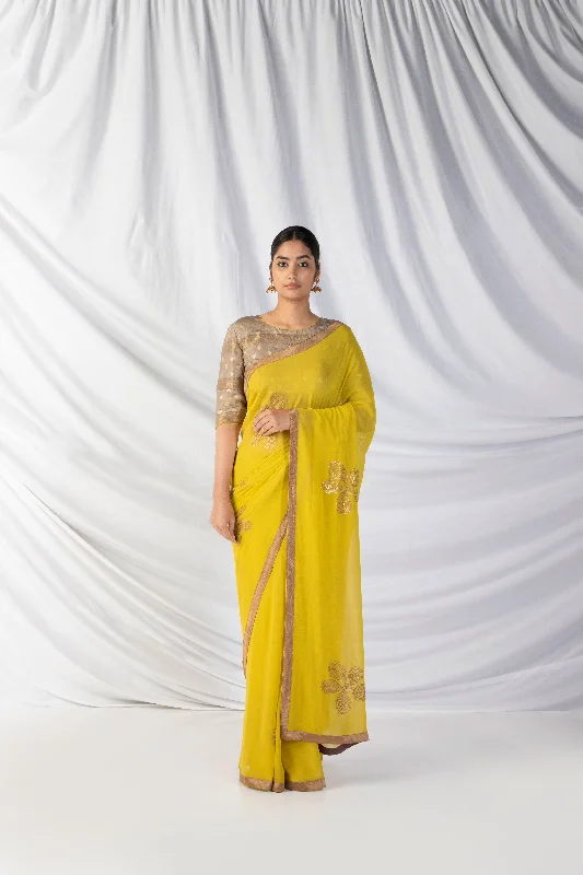 Quick Sale Tara Saree And Blouse Set In Pineapple Yellow And Greige Grey