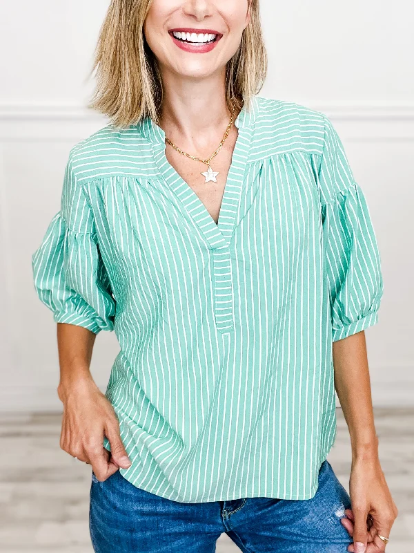 Buy More, Save More Striped Top with Split Neckline and 3/4" Length Bubble Sleeves