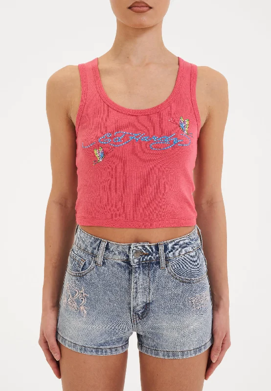 Deep Savings Womens Butterfly Party Rhinestone Cropped Vest Top - Pink