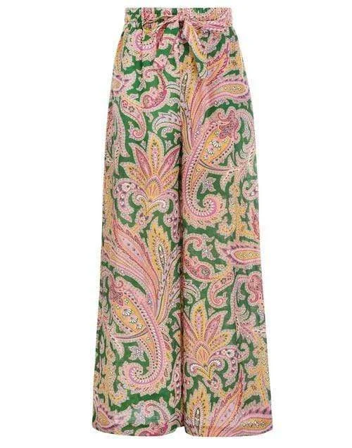 Weekend Deals That Dazzle Green Paisley Teddy Draw Waist Pant