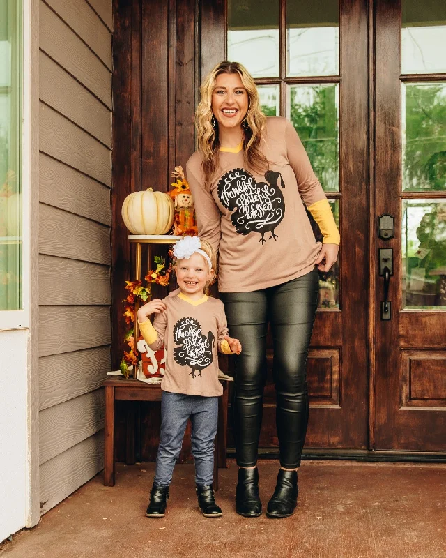 Weekend Deals That Impress Thankful, Grateful, Blessed on Tan Longsleeve Tee with Yellow Accent Weekend Deals That Impress Thankful, Grateful, Blessed on Tan Longsleeve Tee with Yellow Accent