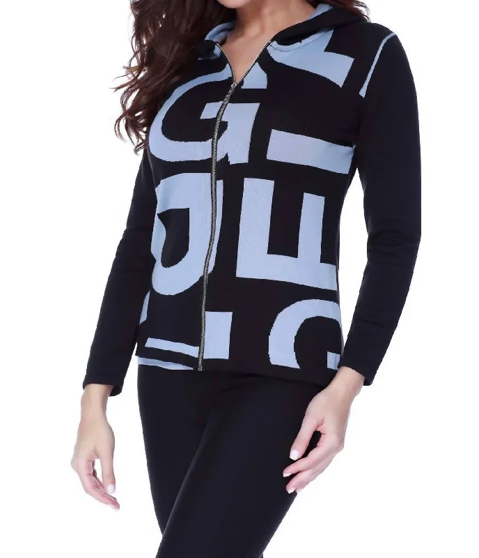Time-Limited Offer Abstract Hooded Cardigan In Black/denim