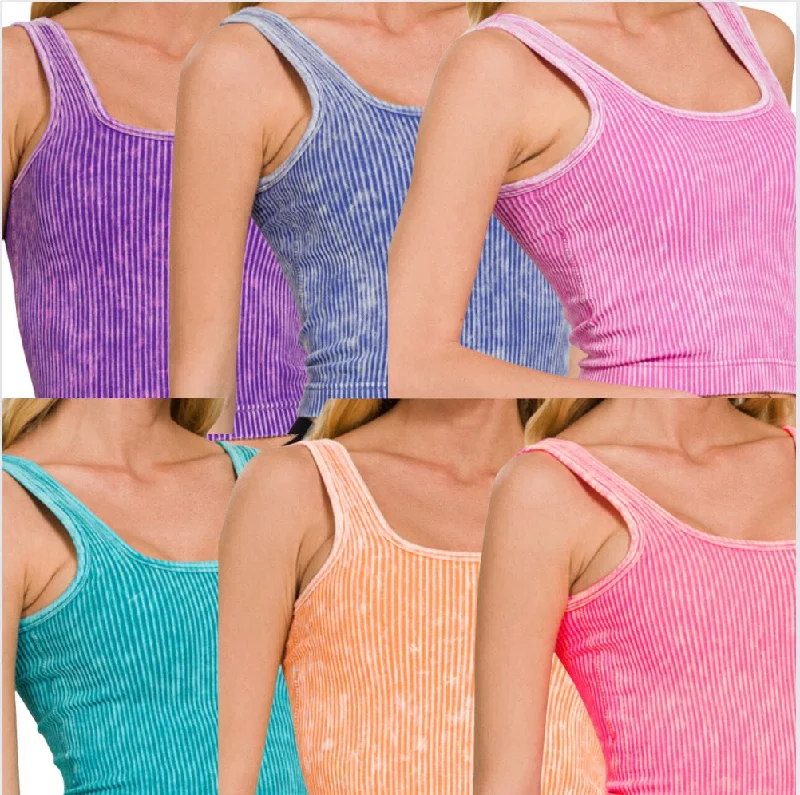 Bargain Bin Stone Washed Ribbed Square Neck Tank Top with Bra Pads - GROUP B