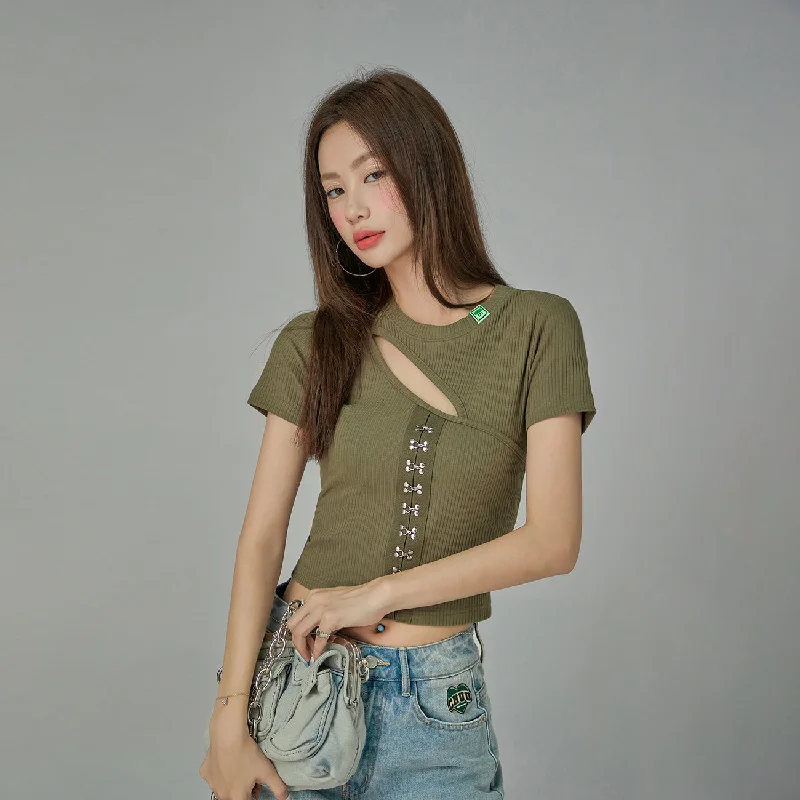 Early Access Cutout Front Hooks Short-Sleeved Top