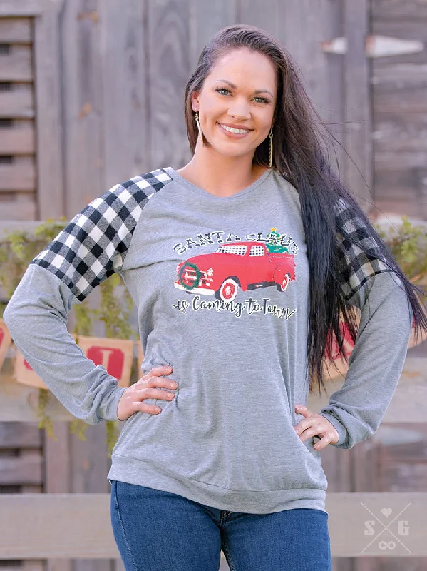 Weekend Specials to Celebrate Santa Claus is Coming to Town on Heathered Grey Longsleeve with Flannel Gingham Insets Weekend Specials to Celebrate Santa Claus is Coming to Town on Heathered Grey Longsleeve with Flannel Gingham Insets