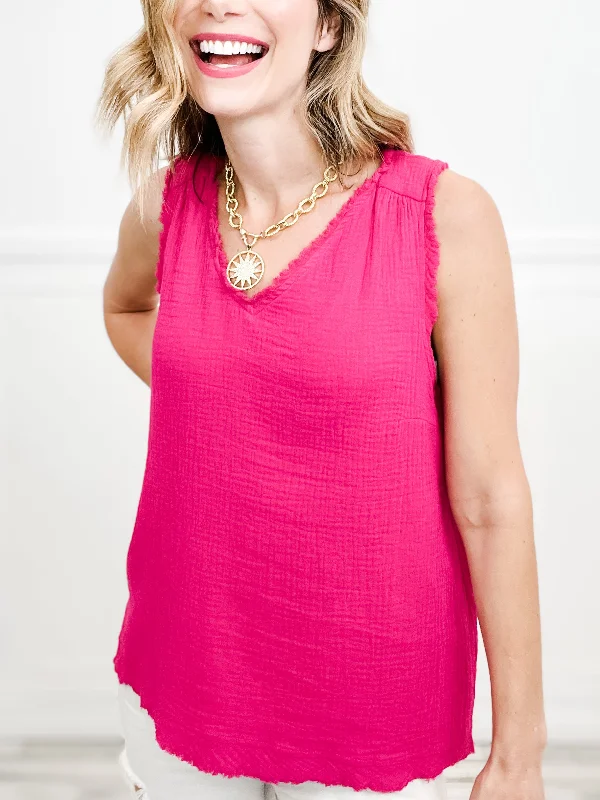 Closeout All Play Cotton Gauze Sleevless V-Neck Top with Hi-Lo Hem