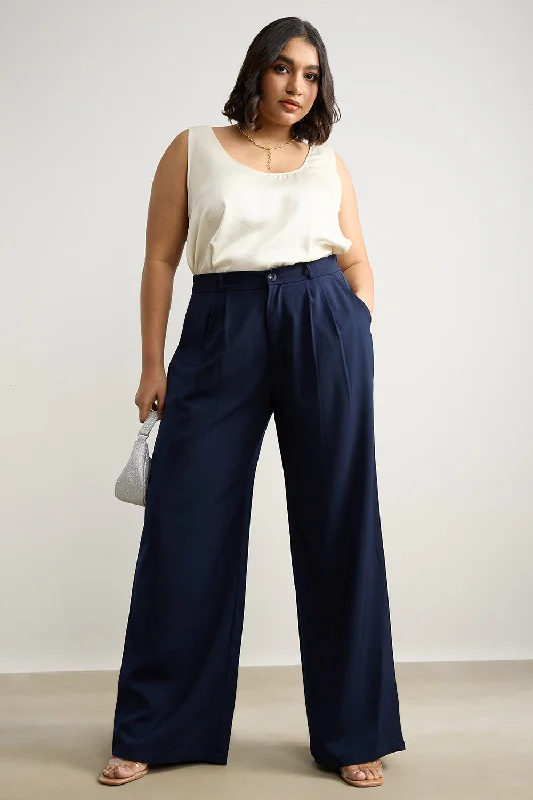 Weekend Deals That Amaze Women's Curve Pleated Navy Blue Korean Pant