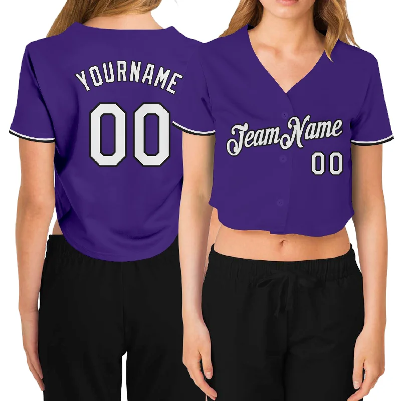 Today’s Deal Custom Women's Purple White-Black V-Neck Cropped Baseball Jersey
