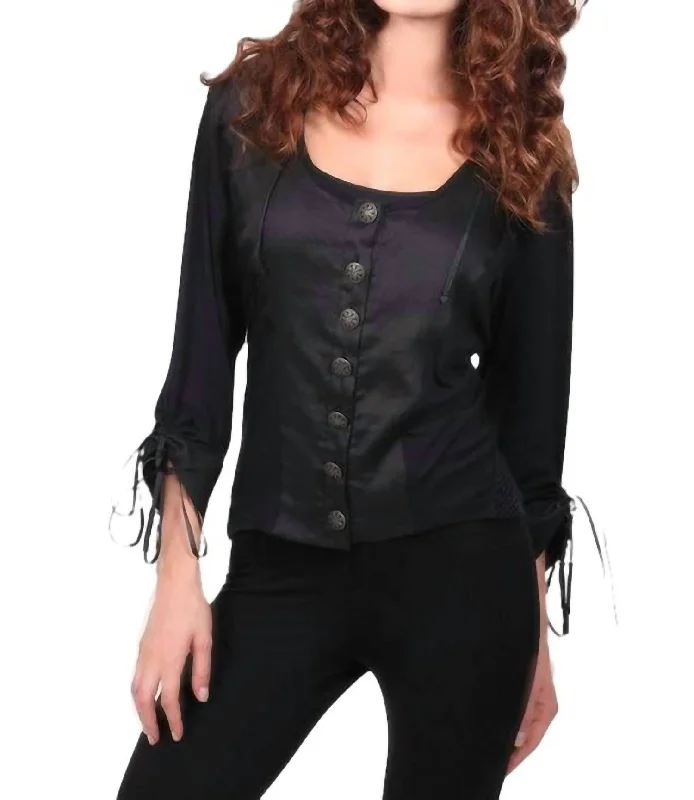 Weekend Bargains Await You Drawstring-Slv Buttoned Top In Black