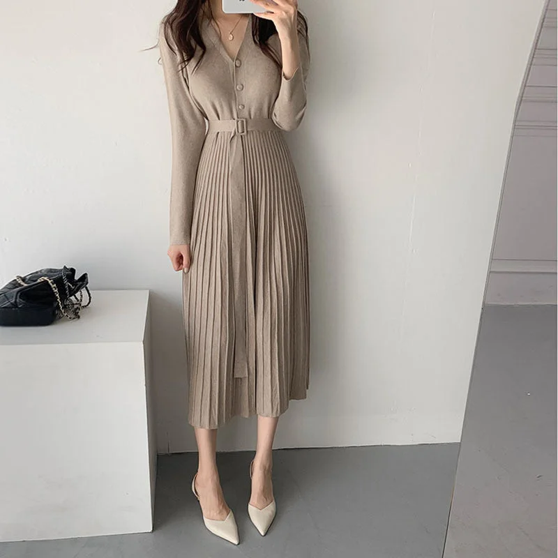 Special Discount Julia Fashion - Elegant V-Neck Single-Breasted Thicken Sweater Dress