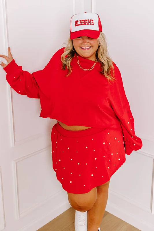 TIME-Limited Offer Sideline Chic Pearl Embellished Crop Sweatshirt in Red Curves