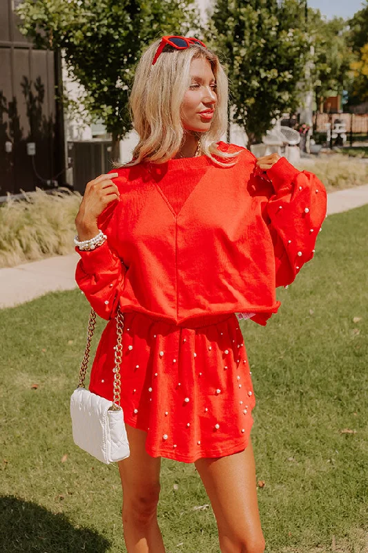 Quick Sale Sideline Chic Pearl Embellished Crop Sweatshirt in Red
