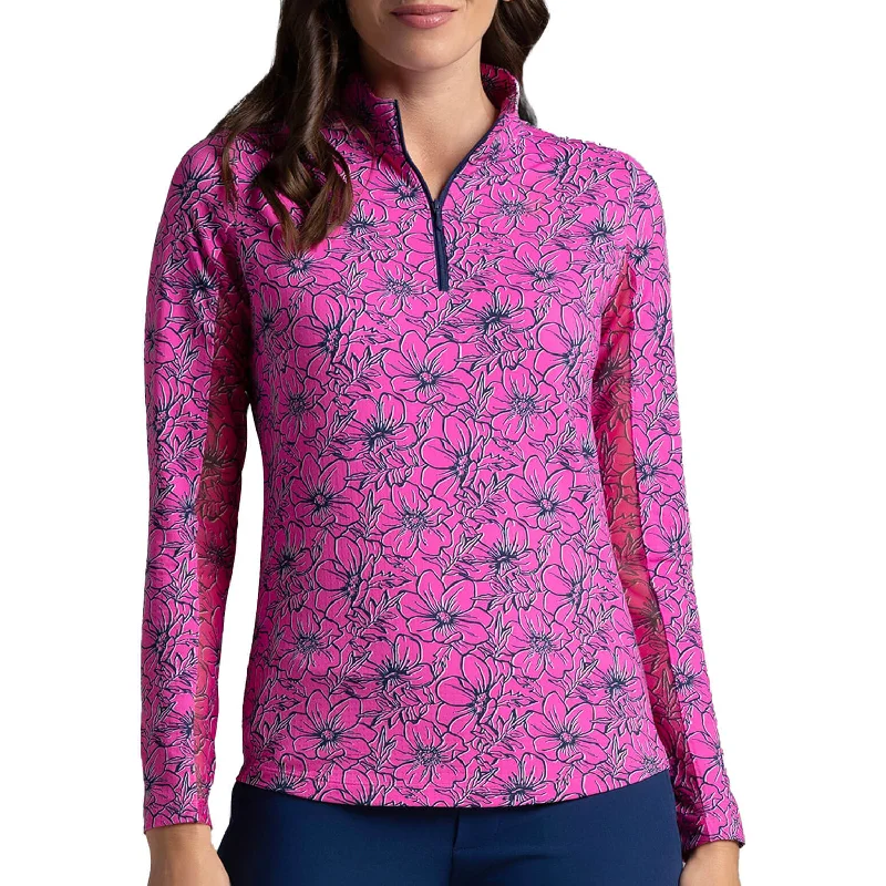 Don't Miss IBKUL Women's Diana Long Sleeve Mock Neck Top - Hot Pink/Navy