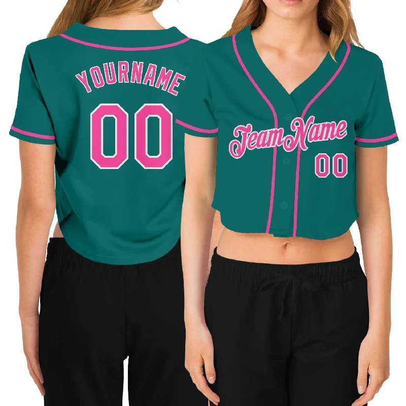 Weekend Bargains to Sizzle Custom Women's Aqua Pink-White V-Neck Cropped Baseball Jersey
