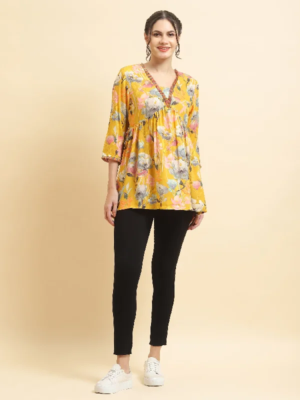 Get It Before It’s Gone Women Liva Rayon Yellow Floral Print Tunic