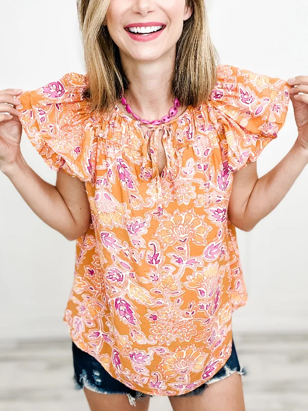 Weekend Specials to Indulge In Sweet Flower Double Ruffle Sleeve Printed Top