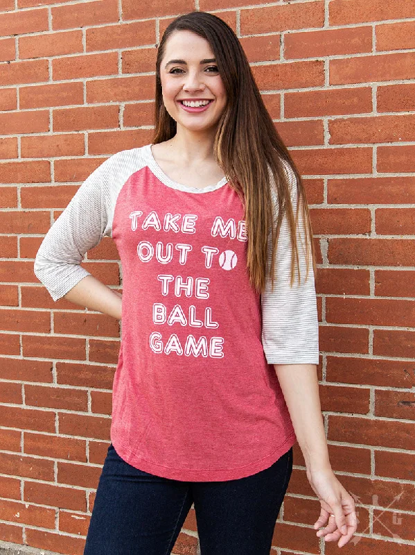 Weekend Discounts to Relish Take Me Out to the Ball Game on Faded Red & Grey Striped Raglan Weekend Discounts to Relish Take Me Out to the Ball Game on Faded Red & Grey Striped Raglan