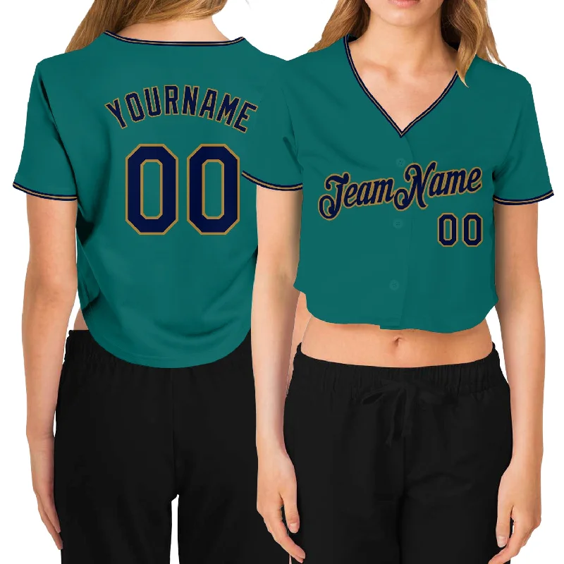 Weekend Offers That Shine Custom Women's Aqua Navy-Old Gold V-Neck Cropped Baseball Jersey