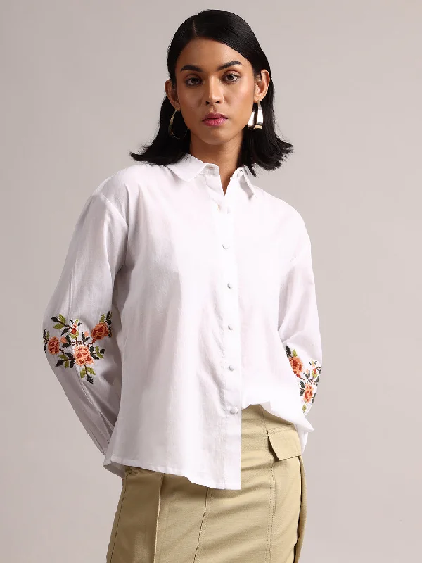 Weekend Bargains Await You White Cotton Embroidered Puff Sleeve Shirt Style Top