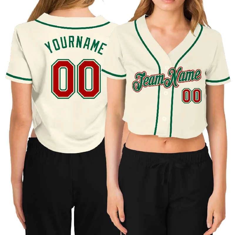 Anniversary Sale Custom Women's Cream Red-Kelly Green V-Neck Cropped Baseball Jersey