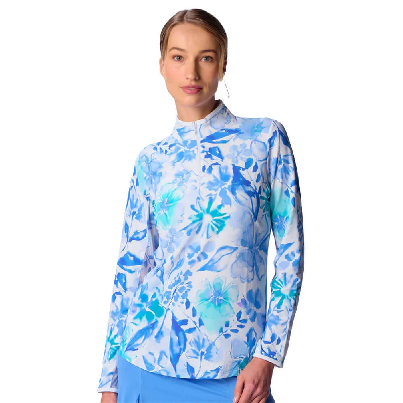 Super Deal G Lifestyle Long Sleeve Collar Block Zip Mock Neck Top - Water Color Flower/White