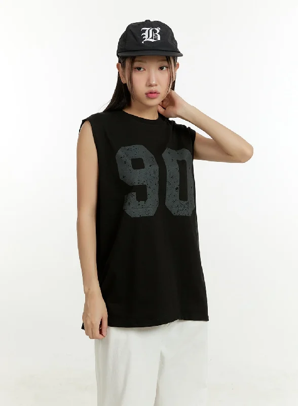 Weekend Bargains to Enjoy Lettering Oversize Cotton Sleeveless Top CU428